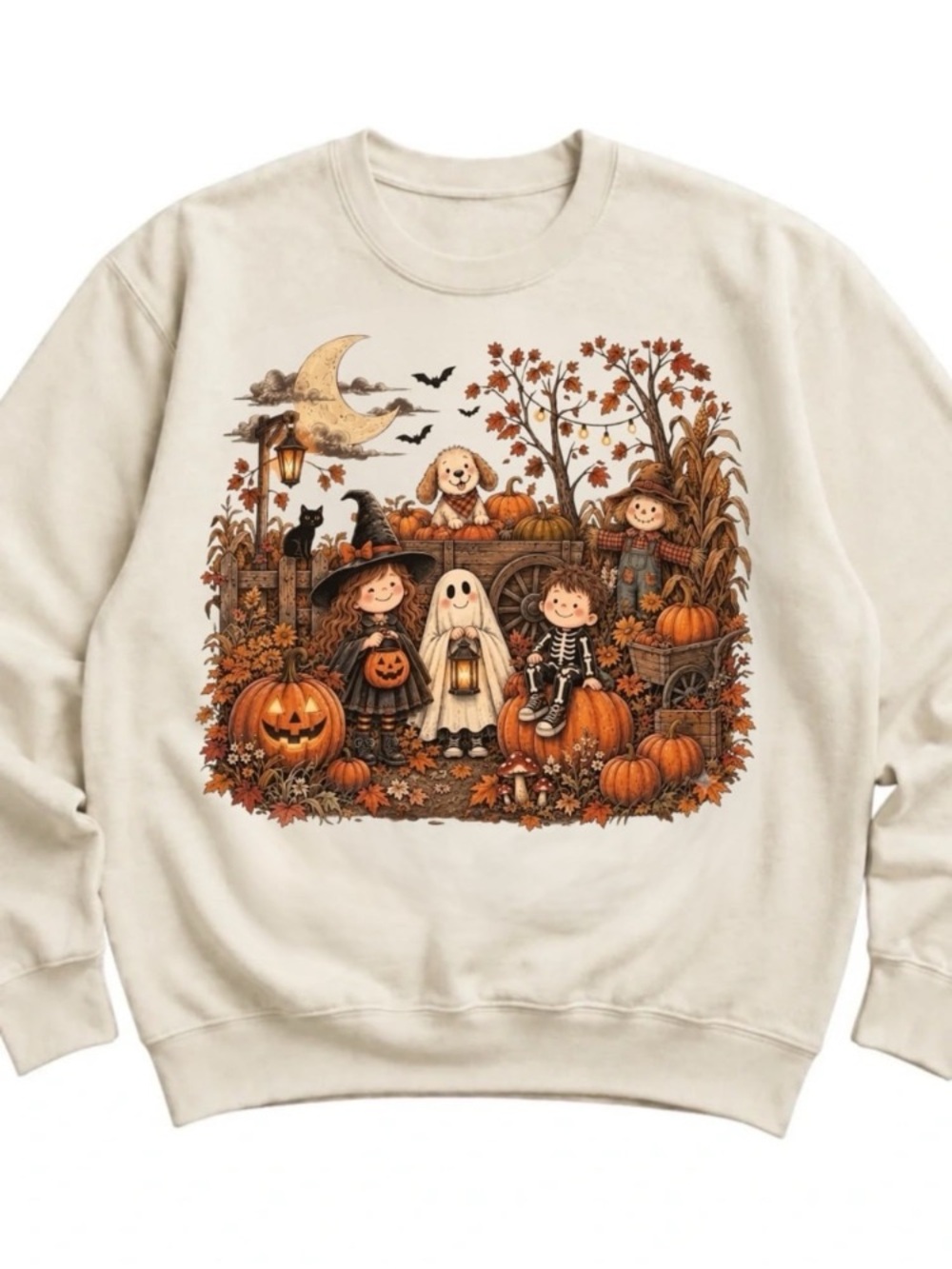 Sand Kids Halloween Sweatshirt with Orange Pumpkin & Fall Characters